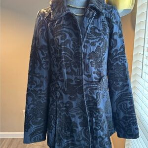 Free People Navy Brocade Jacquard Coat – Size 12 Boho Romantic Statement Jacket